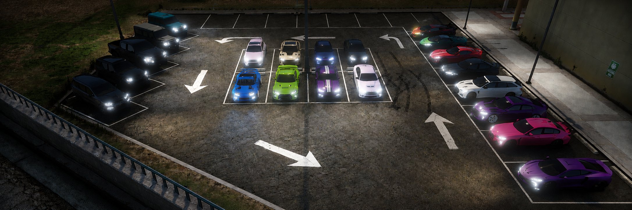 Car meet de voitures sportives customisées la nuit sur Stalya RP