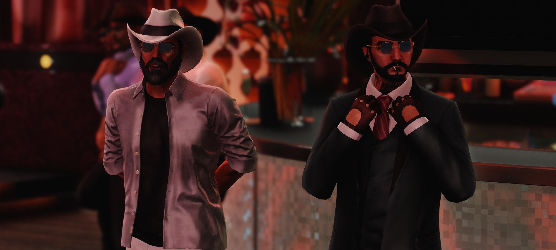 Personnages stylés en tenue western dans un lounge sur Stalya RP
